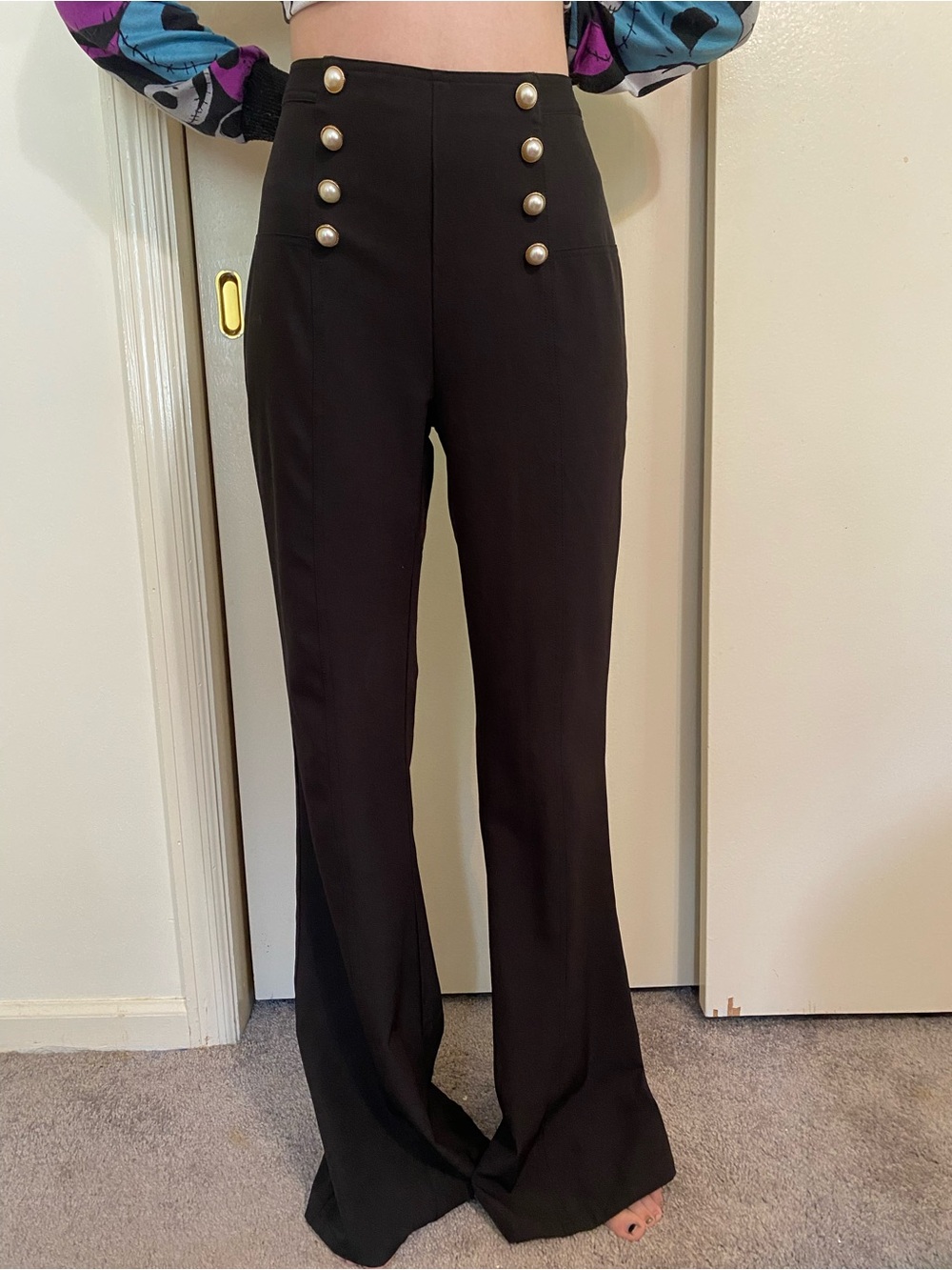 Lulumari Black High-Waist Sailor flare Trousers with Gold Buttons size small